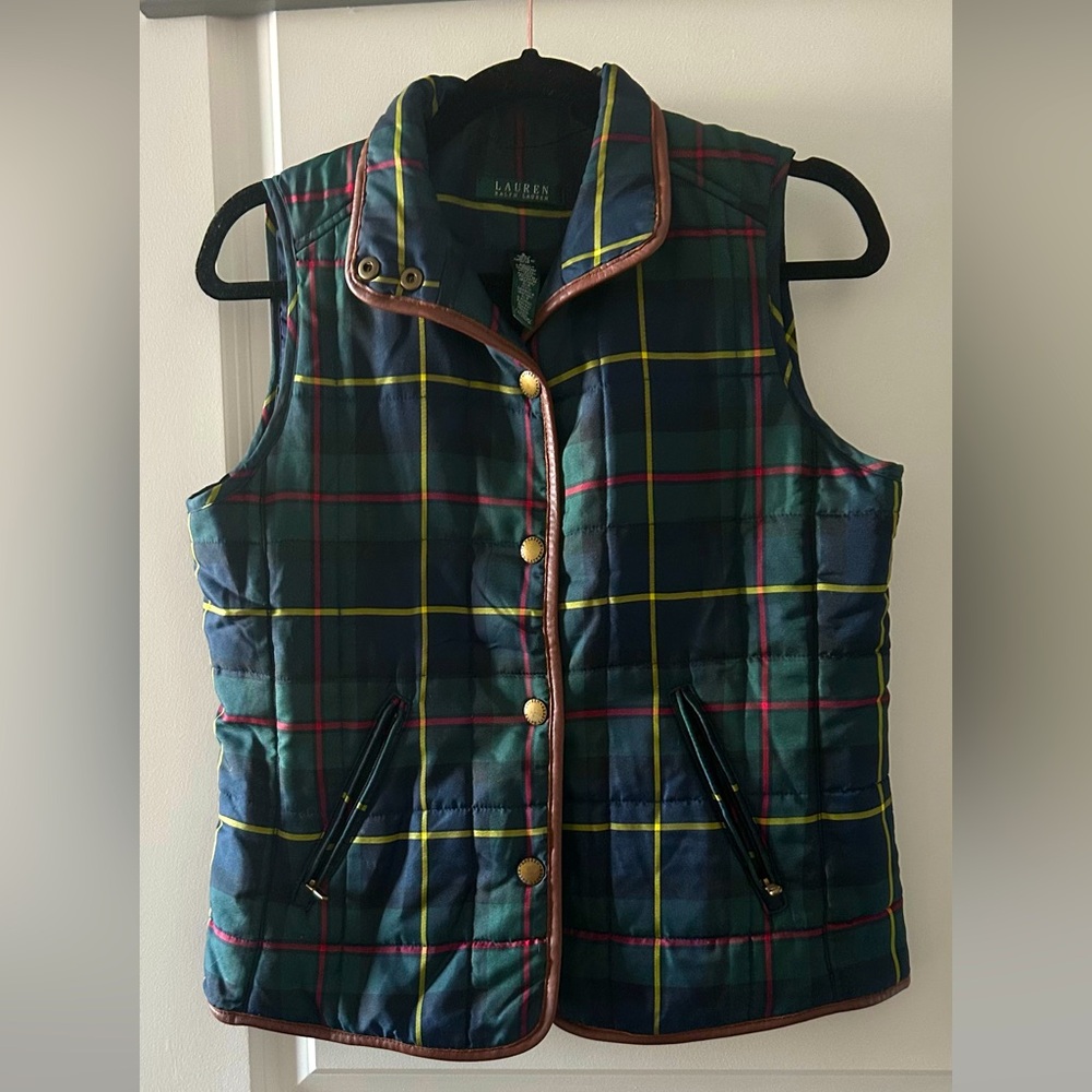Plaid Quilted Vest with Gold Accents